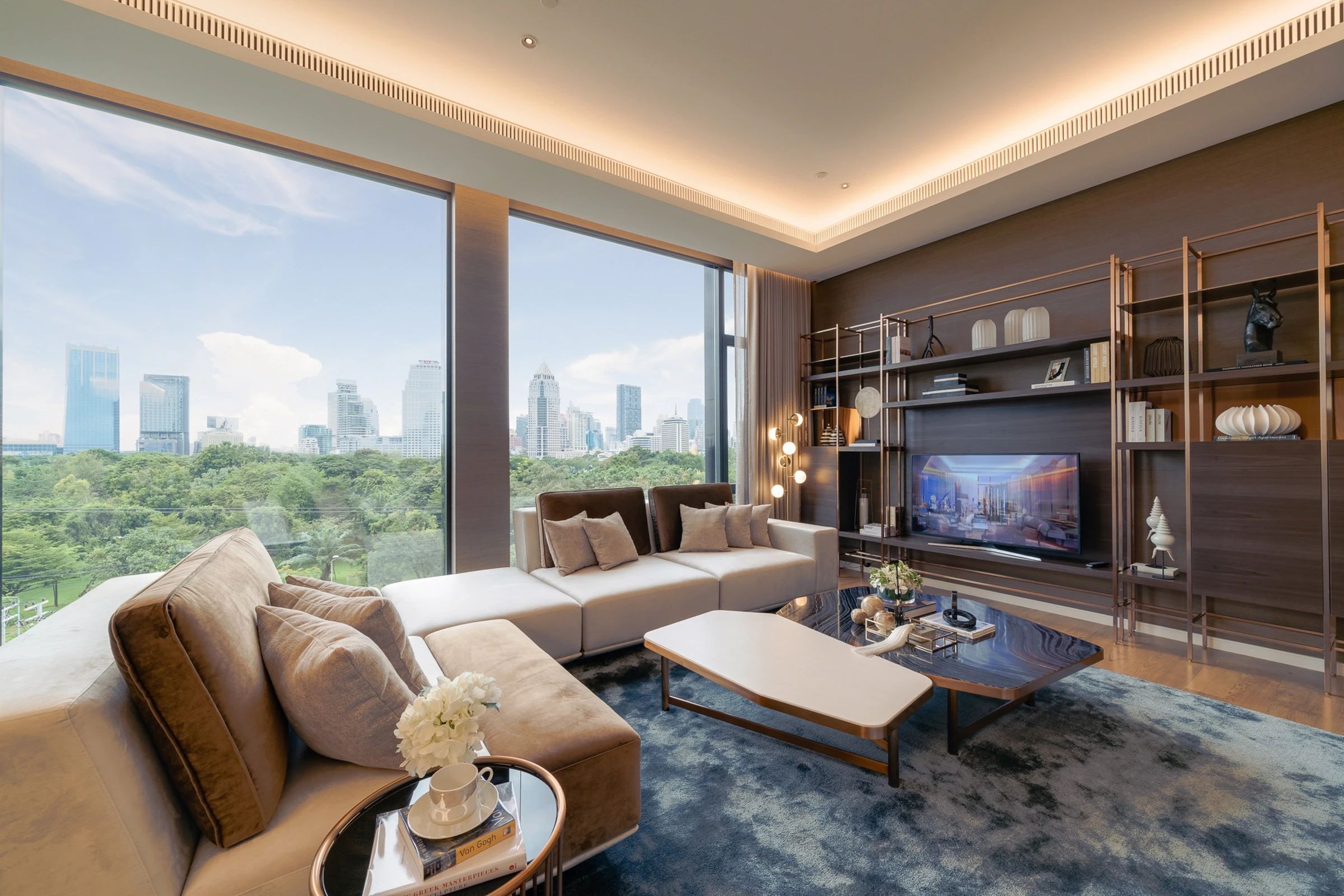 Furnished Sindhorn Lumpini living room overlooking Lumphini Park