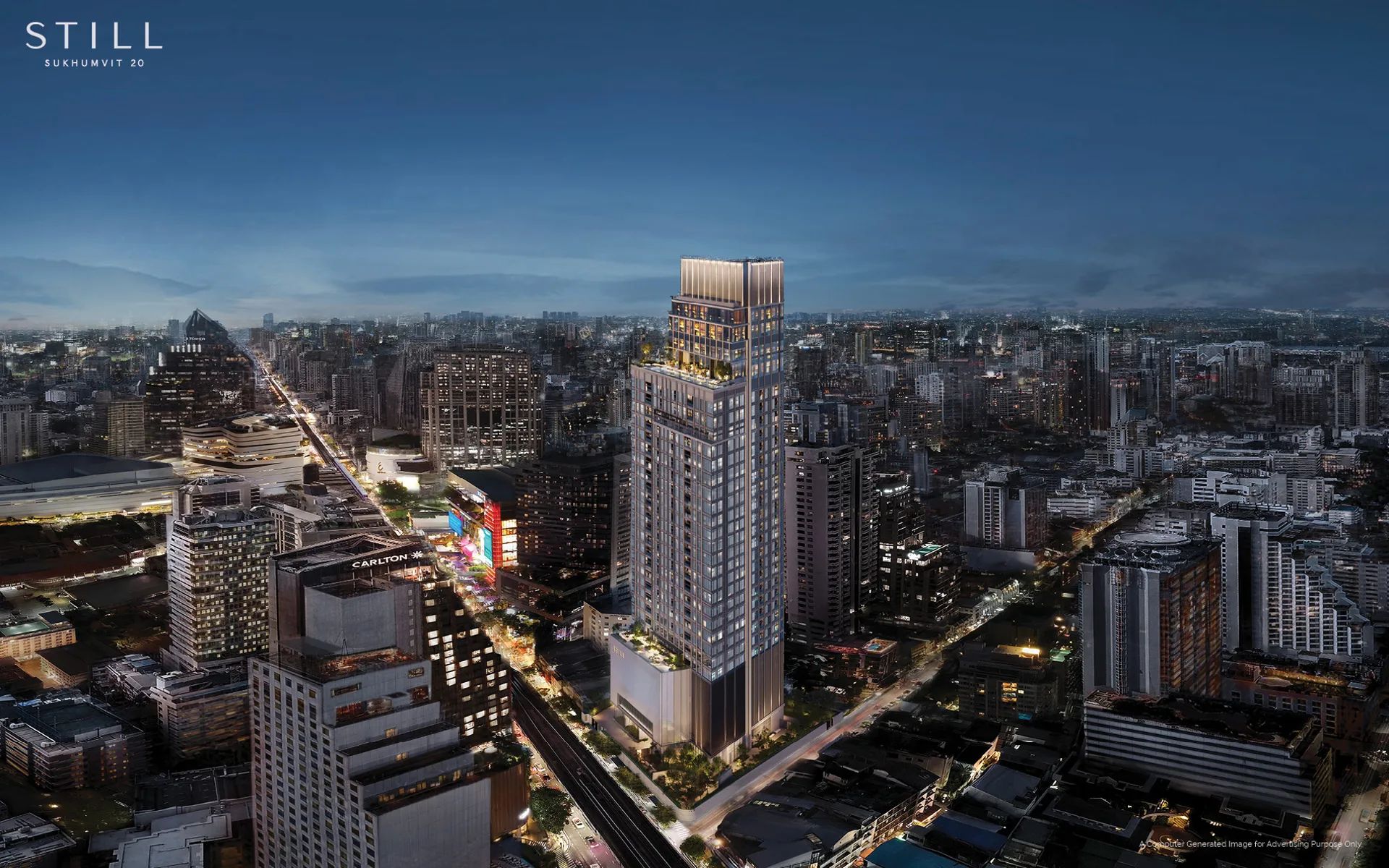 Developer rendering of STILL Sukhumvit 20 tower in Bangkok at dusk